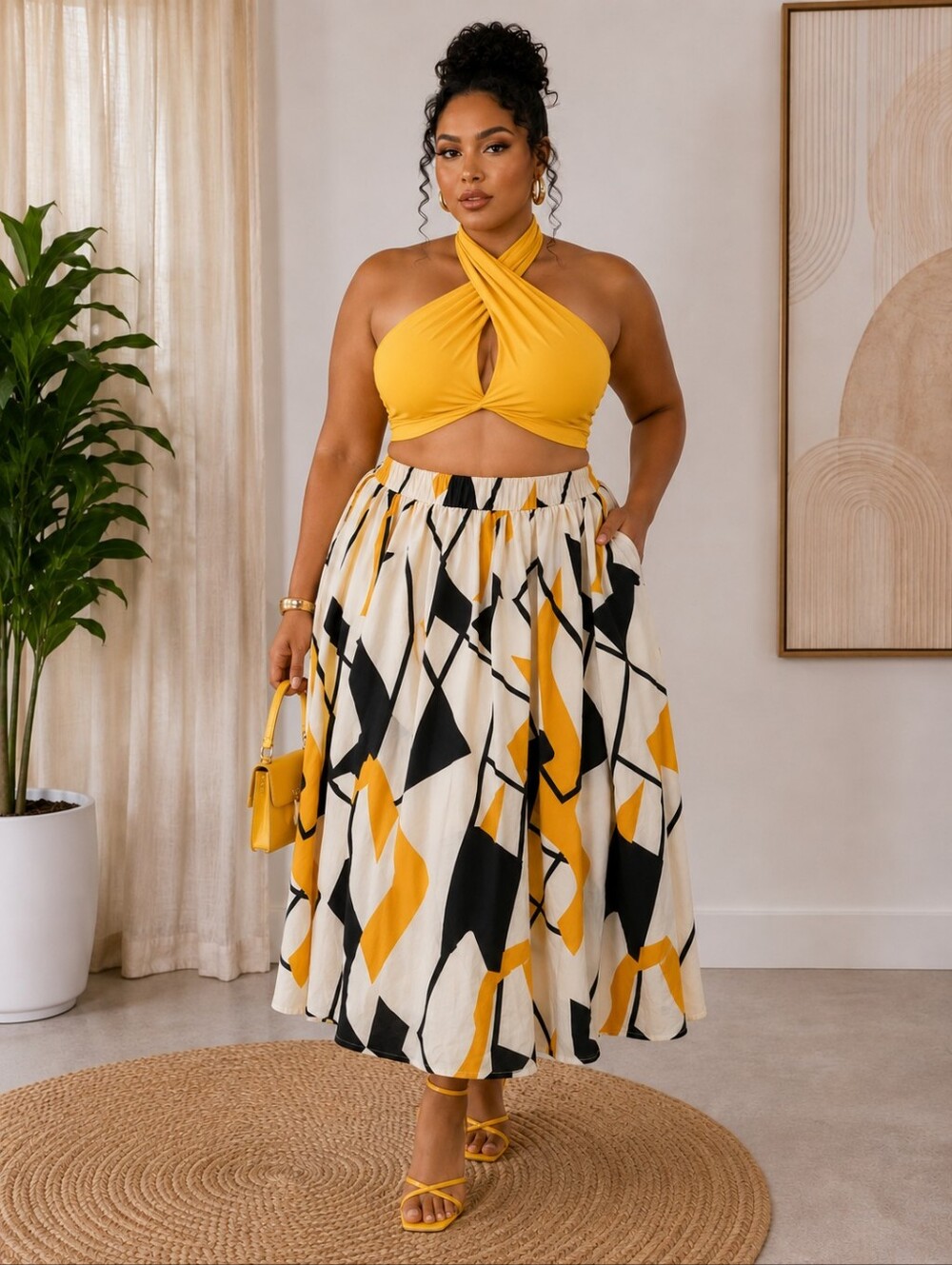 Yellow-Multi Geometric Print Maxi Circle Skirt
